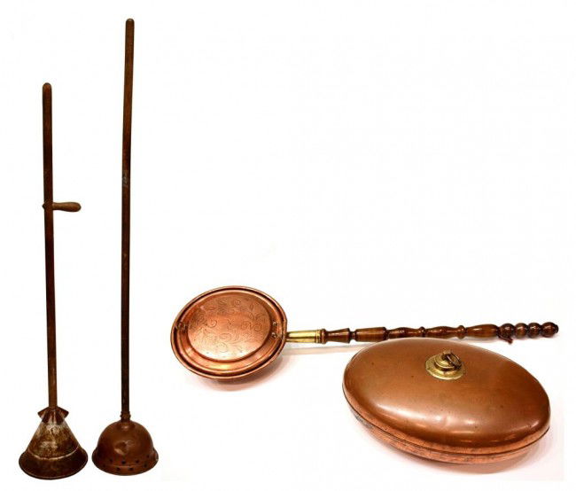 ANTIQUE & VINTAGE COPPER WASHERS & BED WARMERS: (lot of 4) Antique primitives including (2) clothes washers a Simplex #4 and a Rapid washer, (1) oval copper and brass bed warmer, denting to body, and (1) bed warmer, the turned stick handle terminat