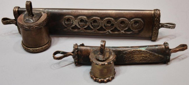 (2) ANTIQUE SYRIAN MESSAGE TRAVEL BOX, PEN INKWELL: (lot of 2) Syrian traveling copper pen box with attached inkwell, 19th c., one end opens to allow storage of paper and pens, silver metal and repousse decoration, largest: 2.25"h, 8"w, 1.5"w, .5lb tot