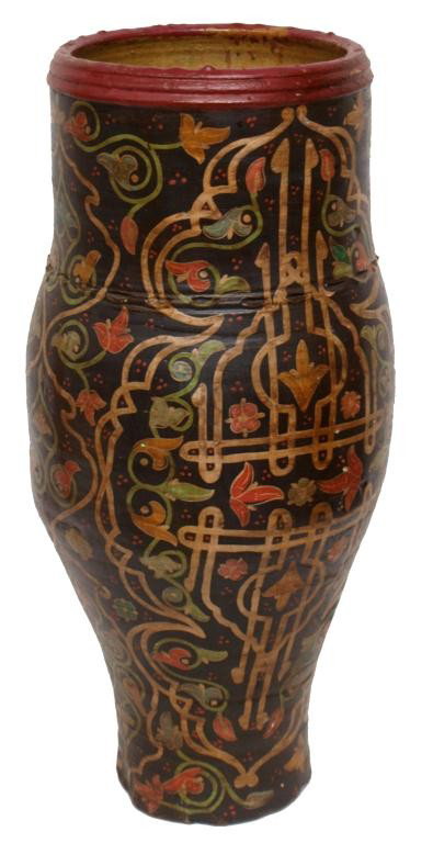 ANTIQUE MOROCCAN POLYCHROME POTTERY OLIVE JAR: Antique Moroccan olive jar, early 20th c., polychrome arabesque decoration on the body, chips/restoration, 27.5"h, 29lbs total Start Price: $50.00
