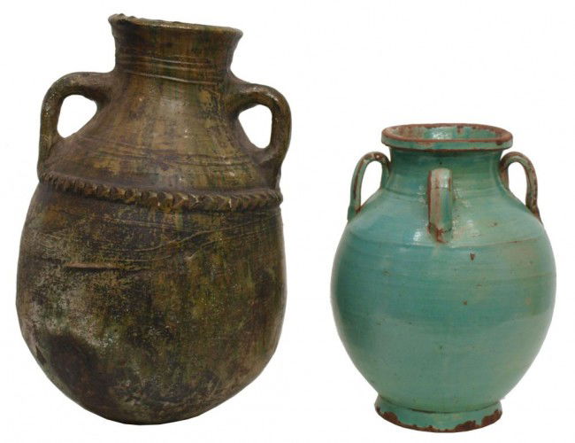 (2) GLAZED EARTHENWARE OLIVE POT & JAR, MOROCCO: (lot of 2) Earthenware jars, Morocco, early/mid 20th c., the larger in green primitively fashioned, the smaller applied with loop handles to the bulbous body, handles with hairlines, overall some chip