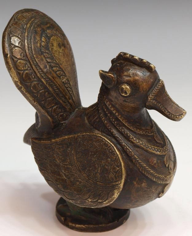 EARLY 17TH C MUGHAL / ISLAMIC BRONZE BIRD MODEL: Mughal / Islamic bronze bird model, Deccan, South India, early 17th c., fine detail, good patina, 4.5"l, 6"h, 5.75lbs**Reference: Similar pieces in "Gold, Silver and Bronze from Mughal India", by Marc