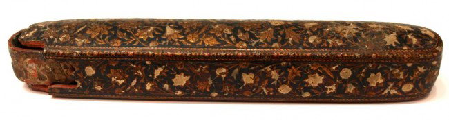 18TH C. MUGHAL GILDED LACQUER PEN BOX: Mughal pen box, 18th c., retaining the original gilding and lacquer in a floral pattern, as pictured, 9"l, 1.75"w, .25lb total**Ref : literature on similar pen boxes in " The Arts of Islam , Treasures