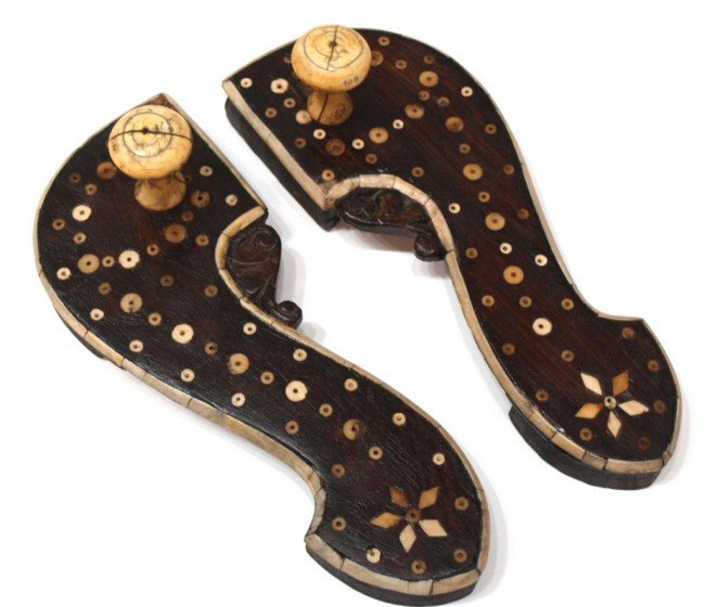 19TH C INDIAN ROSEWOOD & IVORY KHADAU SANDALS: **This item will not be shipped Internationally** (pair) Indian rosewood khadau sandals, Rajasthan, 19th c., carved and set with inlays of ivory and having ivory toe-knob, 9.5"l, 3.75"w, .75lbs total 