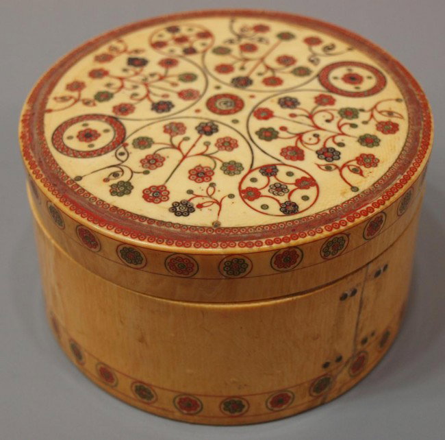 18TH C MUGHAL POLYCHROME INLAID IVORY BOX: **This lot will not be shipped Internationally** Mughal ivory box, Northern India, 18th c., of circular form with multi-color inlaid patterns on the exterior and interior, 2.5"h, 4.25"w, .75lb Start P