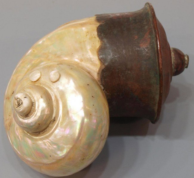 18TH C. INDO-PORTUGUESE MOTHER-OF-PEARL FLASK: Indo-Portuguese mother-of-pearl powder flask, 18th c., with substantial copper mounts, minor dent, 7.5"h, 6"w, 1.75lbs Start Price: $2500.00