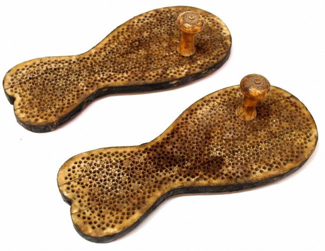 18TH C INDIA CARVED IVORY & SILVER KHADAU SANDALS: **This lot will not be shipped Internationally* (pair) Impressive Indian carved ivory sandals, Lucknow, late 18th c., intricate jali/ fret carving forming honeycomb patterns typical of Mughal / Islami