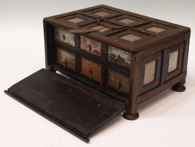 18TH C INDO-PORTUGUESE ROSEWOOD CONTADOR BOX: Indo-Portuguese rosewood contador, 18th c., the exterior having painted mica panels on five sides, drop door revealing an arrangement of drawers with similar decoration, raised on flattened feet, pain