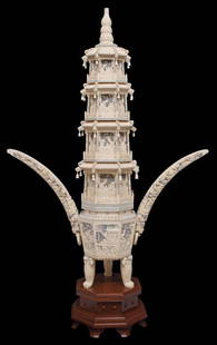 MONUMENTAL CHINESE IVORY FIGURAL CARVED PAGODA: **This item will not be shipped Internationally** Monumental Chinese carved ivory pagoda of octagonal form, four tiers with 40 pierced panels, each carved with wise men, the base with carved scenes of