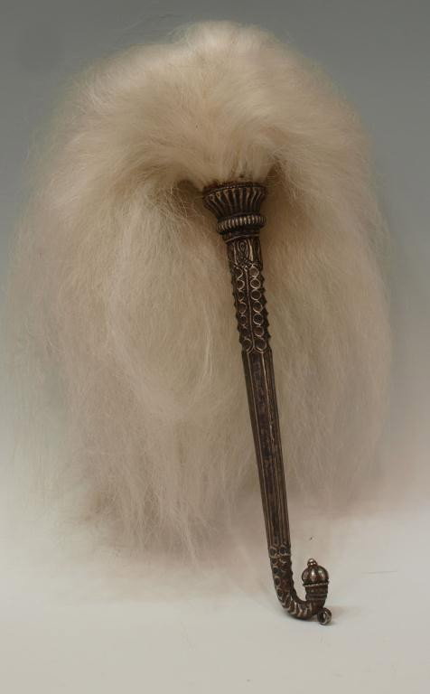 EXCEPTIONAL EARLY 19TH C MUGHAL SILVER FLY-WHISK: Mughal silver fly-whisk, Rajasthan, early 19th c., of exceptional quality the silver handle with intricate detail, lower section is curved in a similar fashion to the arches in Mughal architecture, si