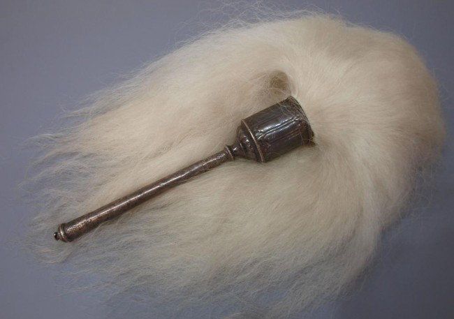 EXCEPTIONAL 18TH C MUGHAL SILVER FLY-WHISK: Mughal silver fly-whisk, 18th c., exceptionally detailed on cup and base of stem, silver stem: 11.75"l, .75lbs Start Price: $600.00