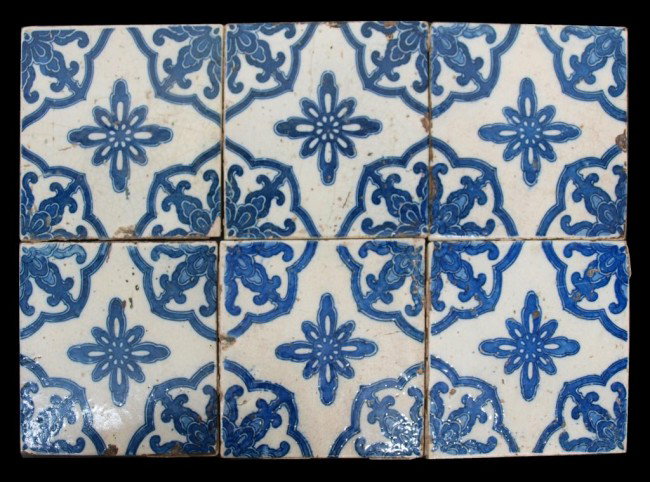 17TH C MUGHAL PERSIAN BLUE & WHITE CERAMIC TILES: (set of 6) Mughal / Persian tiles, 17th c., blue and white decoration on the group from a single panel, 7.25"h, 7.25"w, 13lbs total Start Price: $2000.00