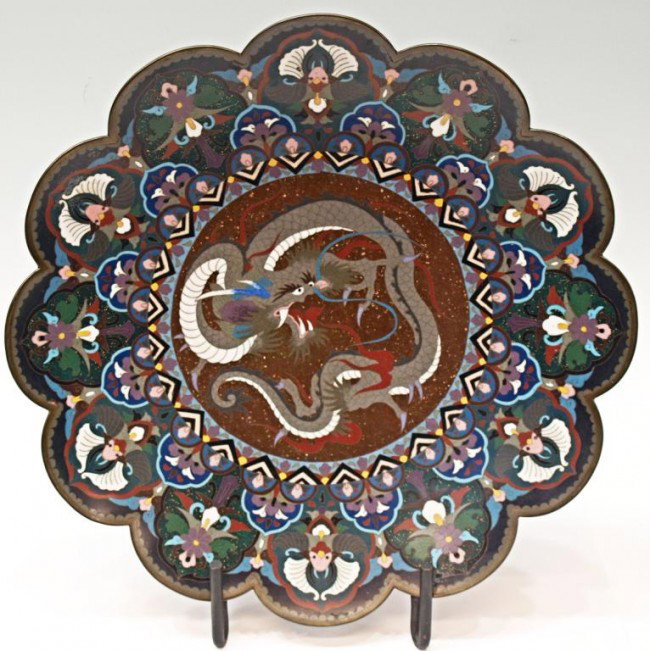 LARGE SCALLOPED RIM CLOISONNE DRAGON CHARGER, 18": Large scalloped rim cloisonne charger, Japan, likely Meiji period, a ferocious dragon at center, brown and green ground with gilt flecks throughout, , 2.5"h, 18"d Start Price: $150.00