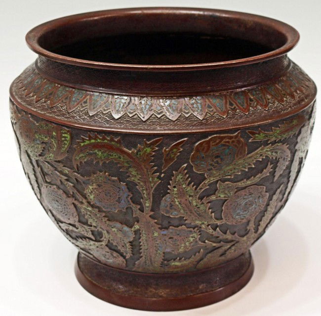 LARGE OREINTAL CHAMPLEVE ENAMELED JARDINIERE: Large oriental champleve enameled iron jardiniere, 19th c., loss to enameling, 10.5"h, 12.5"d, 10.5lbs Start Price: $80.00