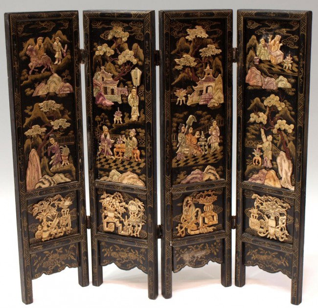 CHINESE 4 PANEL TABLE SCREEN, CARVED BONE SCENES: Chinese black lacquer four panel table screen, one side with figural and landscape scenes of carved white and polychromed bone, slight loss, overall: 19.75"h, 21"w, closed: 19.75"h, 5.25"w, 3"d, 2.5lb