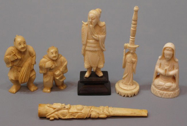 GROUP OF CHINESE FIGURAL & DRAGON IVORY CARVINGS: (lot of 6) Chinese ivory carvings including (4) various figures, two signed as pictured underfoot, (1) relief carved dragon cigarette holder, 4.5"l; (1) figural base only, to a puzzle ball, 4"h, .50lb