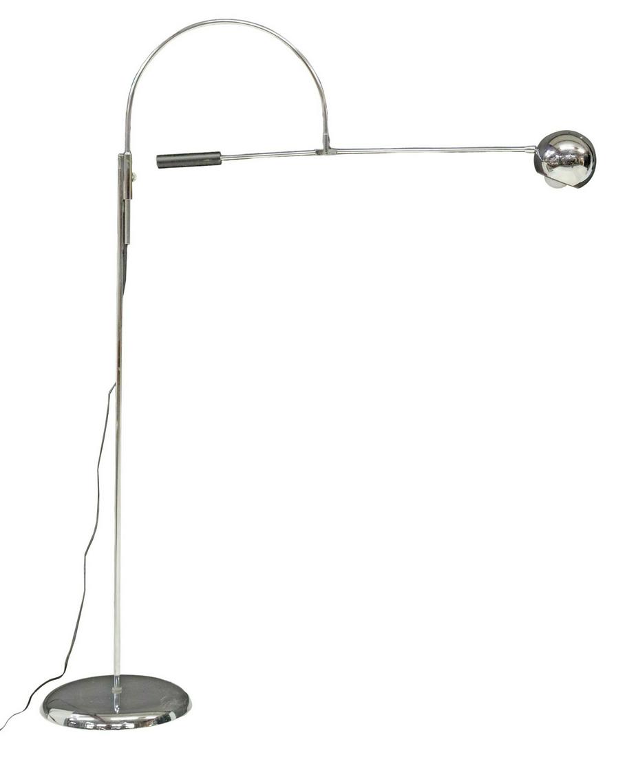 ROBERT SONNEMAN (B.1943) ORBITER CHROME FLOOR LAMP: Mid-century modern "Orbiter" floor lamp, Robert Sonneman (American, b.1943), c.1960s-1970s, polished chrome, adjustable arm, ending in domed shade concealing a single light, rising on round base, appr