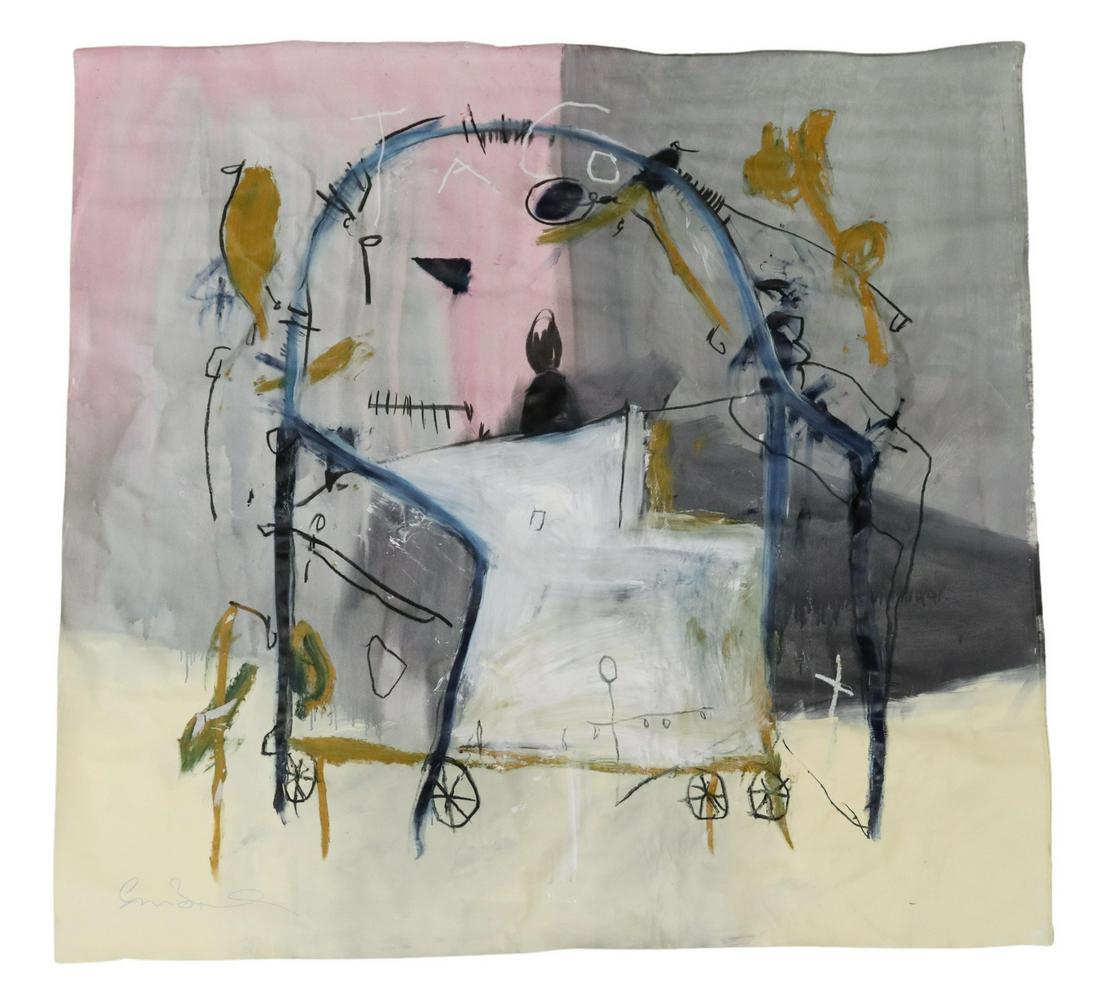 SHANE BOWDEN (B.1974) NEO-EXPRESSIONIST PAINTING: Mixed media (charcoal, graphite, oil stick, oil, and acrylic) painting on unstretched canvas, "Hombre en el Camion de Tacos," signed lower left Shane Bowden (Australian, b.1974), approx 62"h, 64"w **P