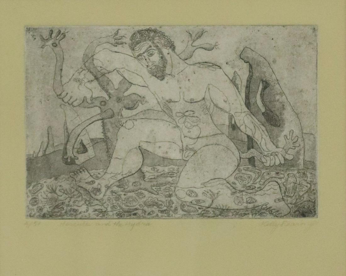 KELLY FEARING (1918-2011) 'HERCULES' ETCHING: Framed etching on paper, "Hercules and the Hydra," signed lower right Kelly Fearing (Arkansas, Texas, 1918-2011), numbered 4/ 50, sight: approx 6.5"h, 8"w, overall: 12.75"h, 14.25"w, 2lbs Start Price:
