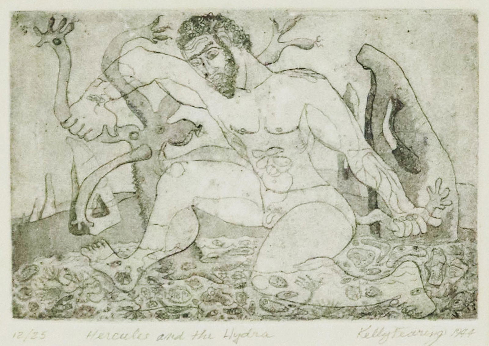 KELLY FEARING (1918-2011) 'HERCULES' ETCHING: Framed etching on paper, "Hercules and the Hydra," signed lower right Kelly Fearing (Arkansas, Texas, 1918-2011), dated 1944, numbered 12/ 25, sight: approx 5"h, 7"w, overall: 14"h, 16"w, 2.75lbs Star