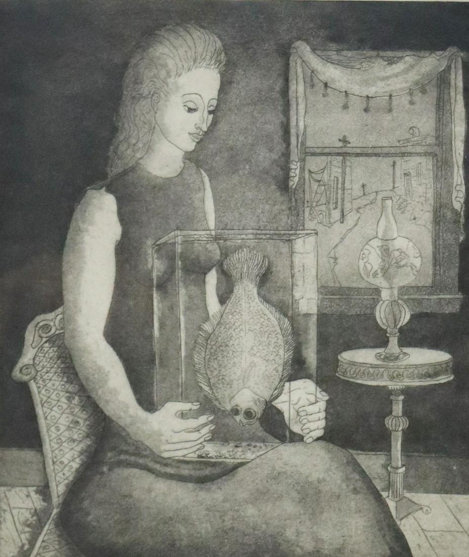 KELLY FEARING (1918-2011) 'THE COLLECTOR' ETCHING: Framed etching on paper, "The Collector," signed lower right Kelly Fearing (Arkansas, Texas, 1918-2011), sight: approx 8.5"h, 7"w, overall: 15"h, 12"w, 2.25lbs Start Price: $100.00