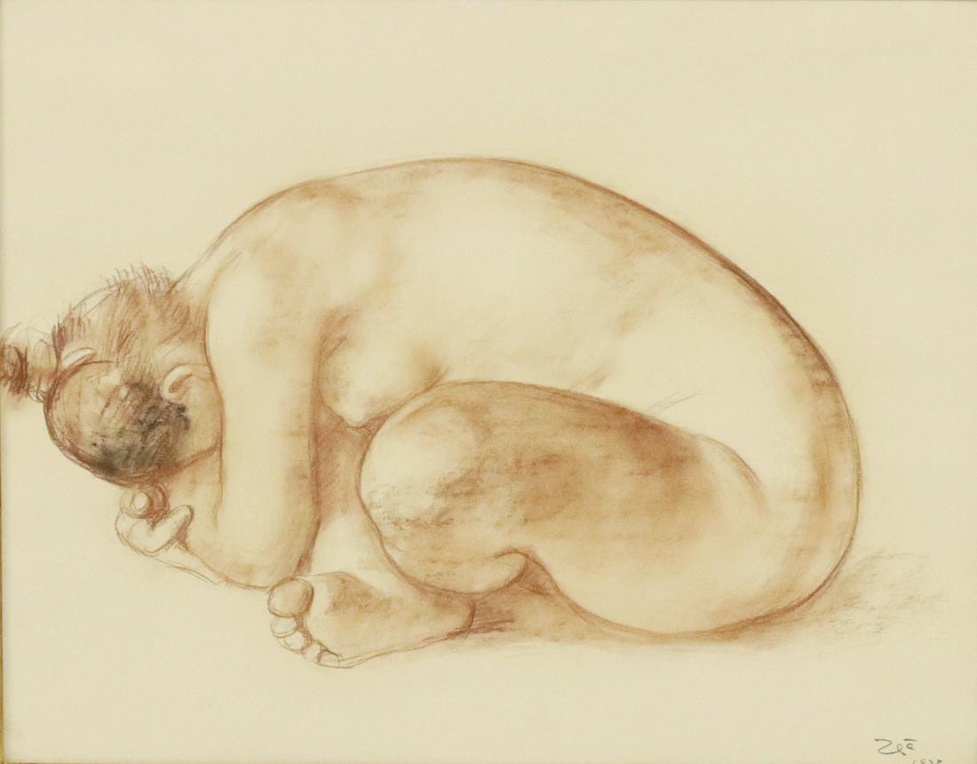 FRANCISCO ZUNIGA (1912-1998) CROUCHING NUDE SKETCH: Framed charcoal and sanguine chalk drawing on paper, Crouching Nude, signed lower right Zga (Francisco Zuniga, Costa Rica, Mexico, 1912-1998), dated 1973, sight: approx 18.75"h, 23.75"w, overall: 26"h