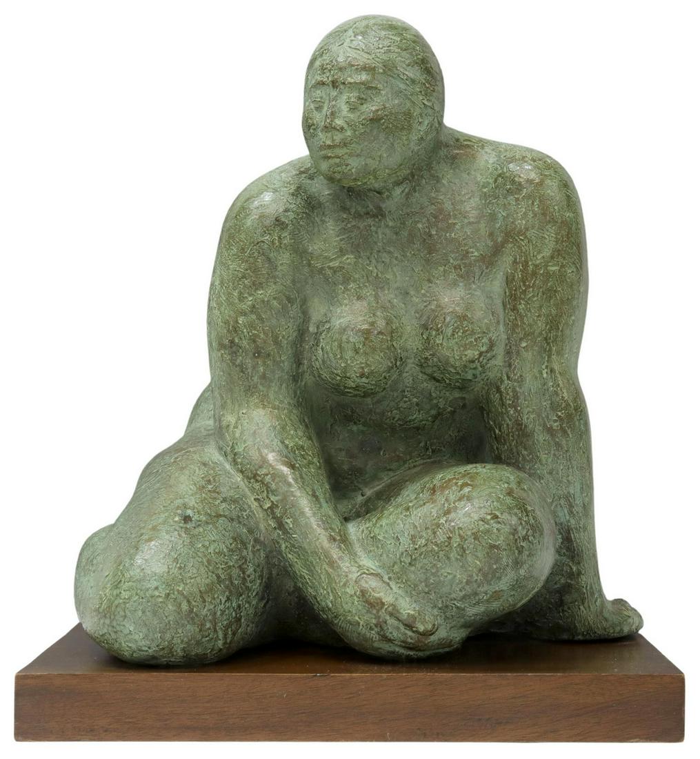 FELIPE CASTANEDA (B.1933) FEMALE NUDE BRONZE: Verdigris patinated bronze sculpture, Seated Woman, signed F. Castaneda (Felipe Castaneda, Mexico, b.1933), numbered I/ VII (1/ 7), dated 1971, on 1.5"h wood plinth, overall: approx 16"h, 14"w, 13"d,