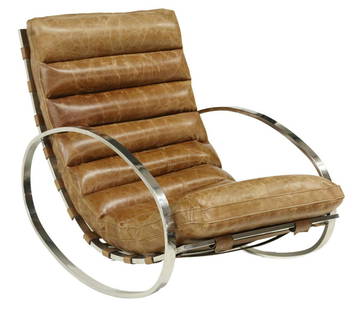 RENATO ZEVI SELIG ELLIPSE LEATHER ROCKING CHAIR: Italian modern "Ellipse" rocking chair, attributed to Renato Zevi (Italian, 20th c.) for Selig, c.1970s, chromed steel frame, channel tufted brown leather cushion, approx 31"h, 25.75"w, 40.5"d **Prove