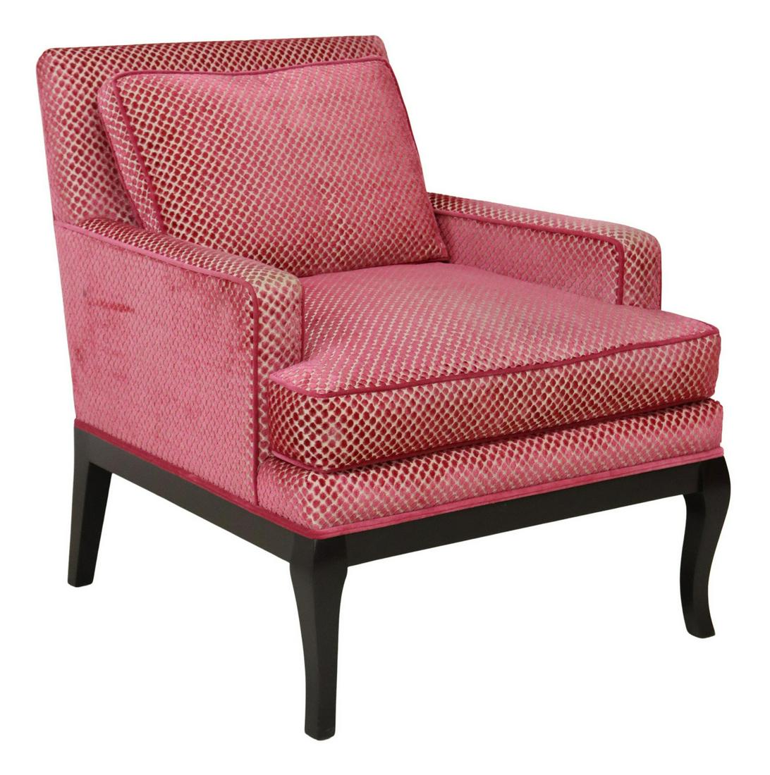 SCALAMANDRE 'BRENTWOOD' ETOSHA VELVET ARMCHAIR: Scalamandre Furniture "Brentwood" armchair, 21st c., in "Etosha Framboise" velvet upholstery, loose back and seat cushions, rising on black walnut finish legs, approx 34"h, 29"w, 34"d, seat height: 19
