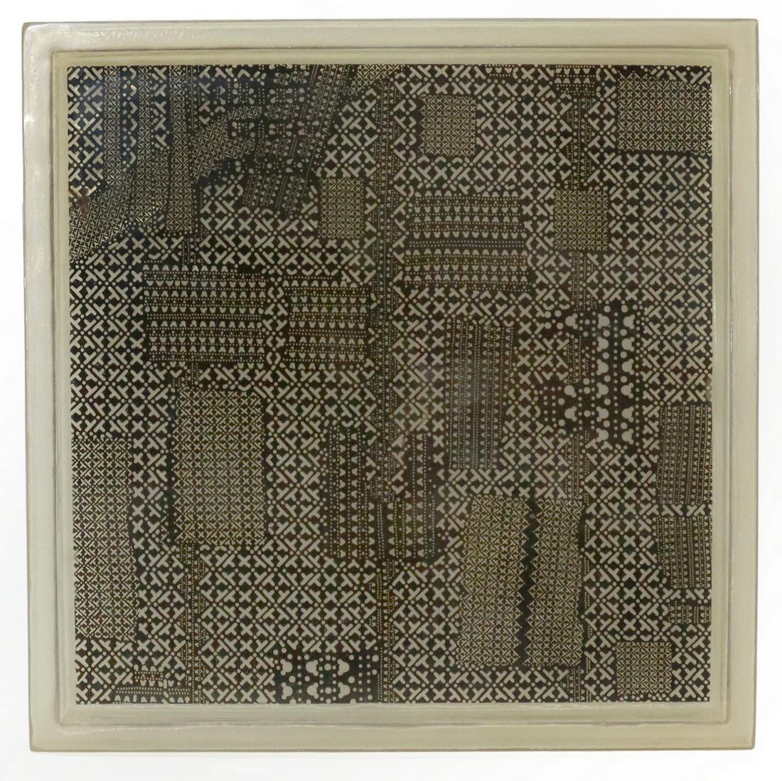 GILLES CAFFIER CONTEMPORARY ACRYLIC SQUARE TRAY: Contemporary acrylic tray, Gilles Caffier (French, 20th c.), with geometric pattern, approx 23.75"l, 23.75"w, 8lbs Start Price: $60.00