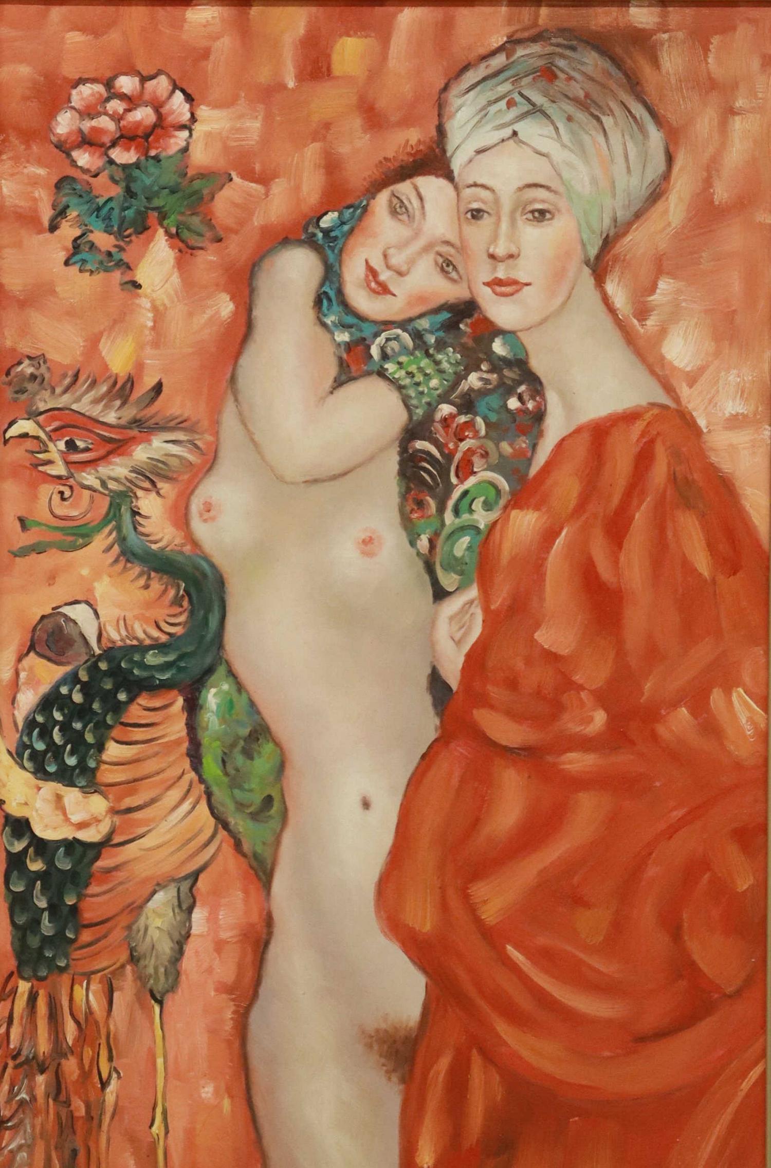 AFTER GUSTAV KLIMT (1862-1918) WOMEN FRIENDS: Decorative framed oil on canvas painting, "The Women Friends," unsigned, after Gustav Klimt (Austrian, 1862-1918), sight: 35.5"h, 23.5"w, overall: 41"h, 29"w, 10.5lbs **Provenance: The estate of a tru