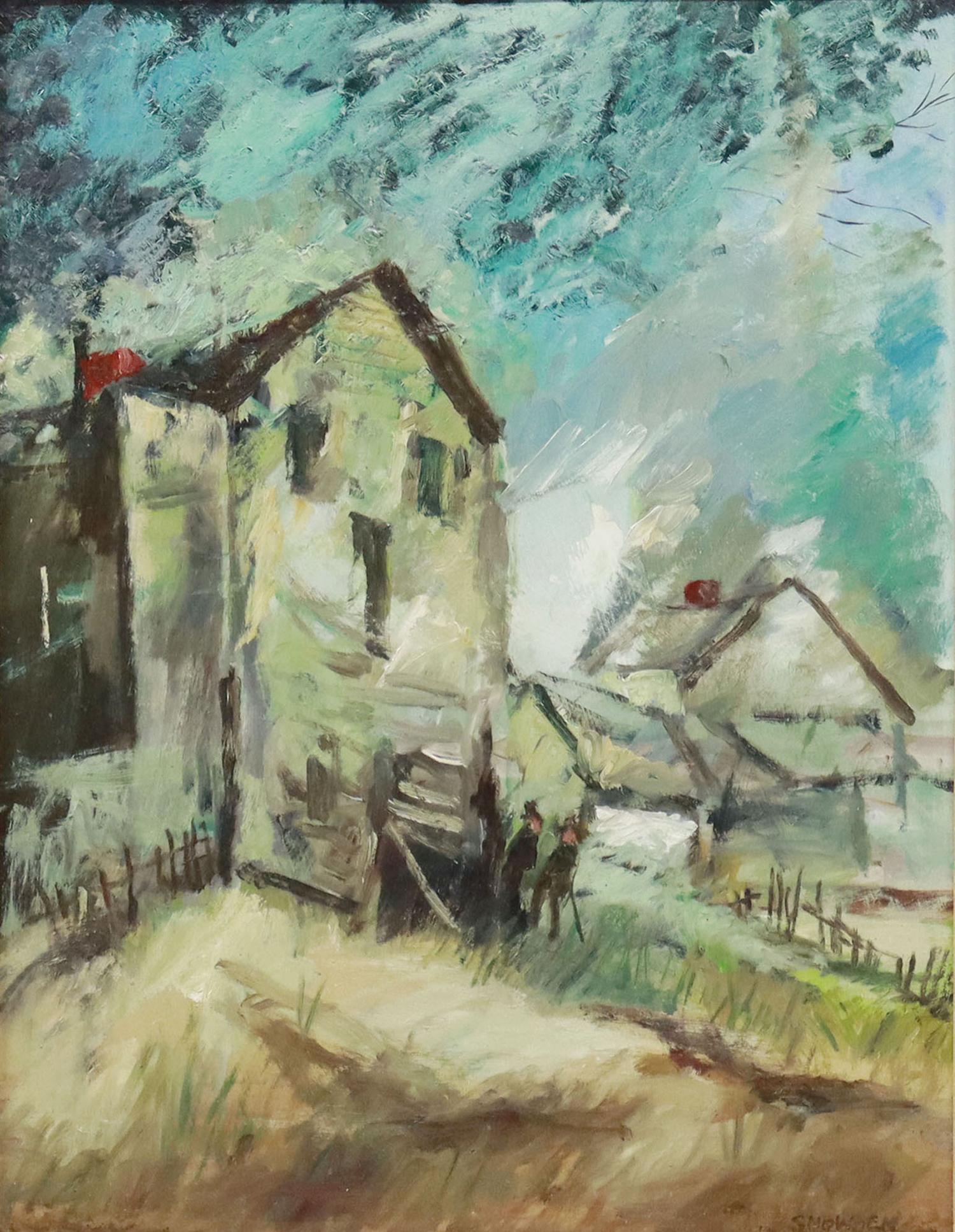 CHESTER SNOWDEN (D.1984) MODERNIST HOUSES PAINTING: Framed oil on board painting, Modernist Houses, signed lower right Snowden (Chester Dixon Snowden, Texas, 1900-1984), sight: approx 17.5"h, 13.5"w, overall: approx 20.5"h, 16.5"w, 2.5lbs Start Price: