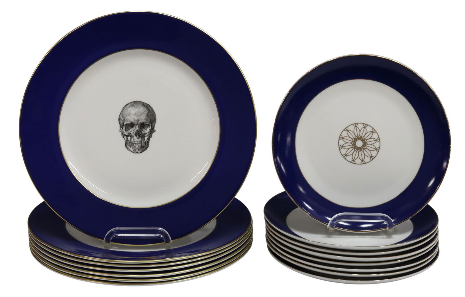 15) MELODY ROSE SKULL PLATES & LITTLE WHITE DISHES: (lot of 15) Group of porcelain dishes, including: (7) English Melody Rose bone china dinner plates, in the "Rock and Roll" pattern, having white ground with skull to center, blue border with gilt trim