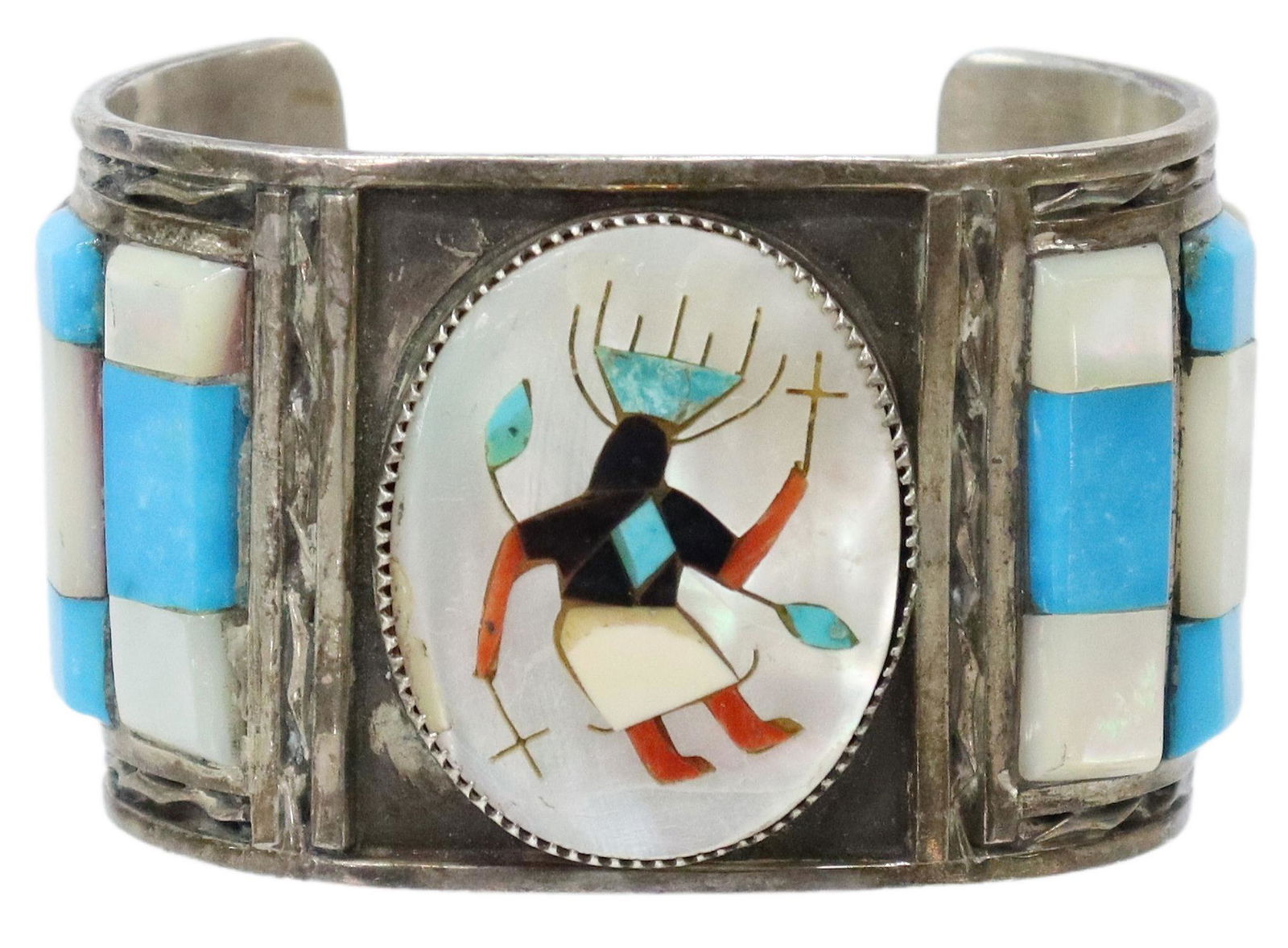 NATIVE AMERICAN MULTISTONE INLAY CROWN DANCER CUFF (1 of 4)