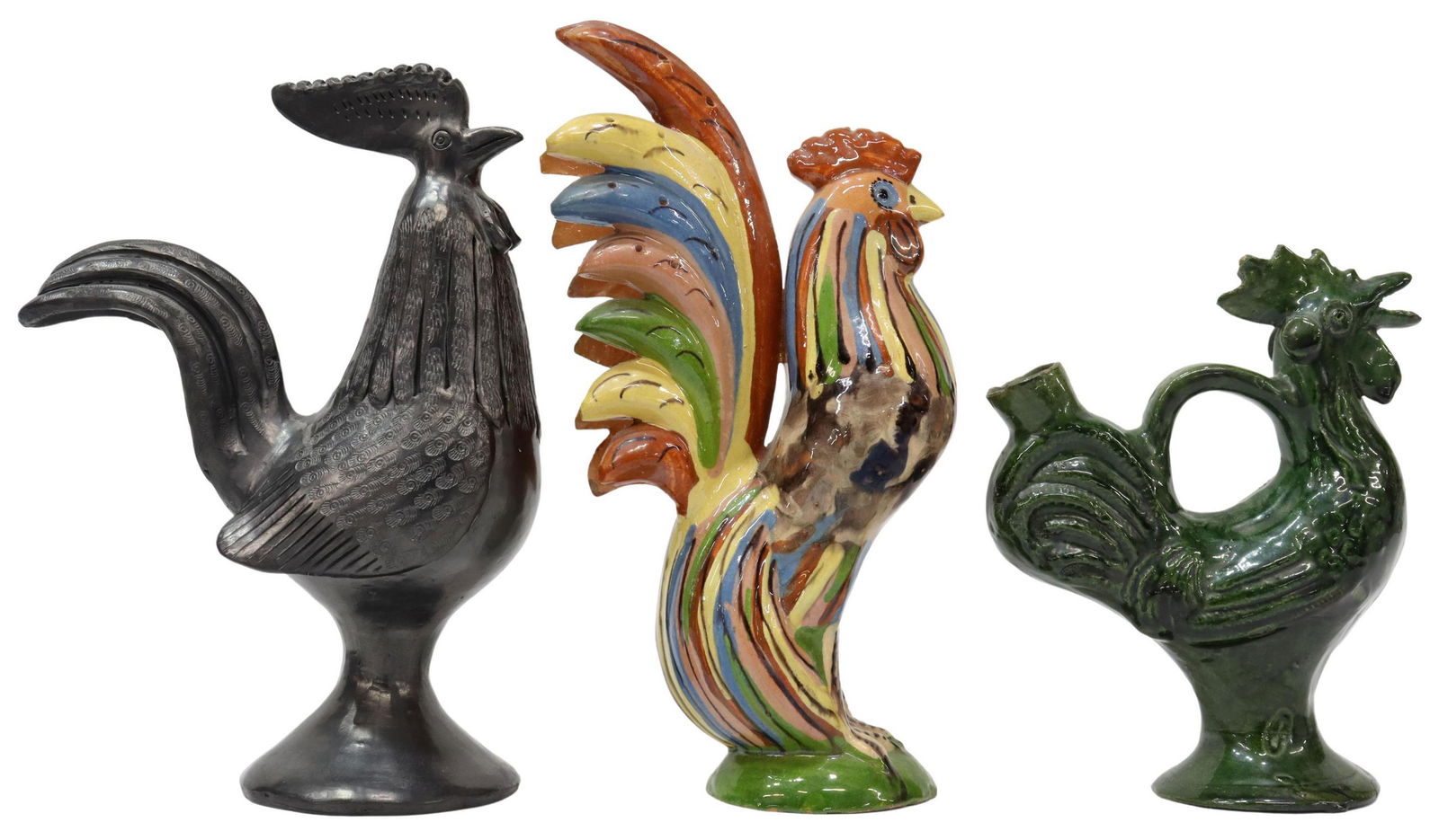 (3) MEXICO GLAZED POTTERY ROOSTER FIGURES & JUG (1 of 5)