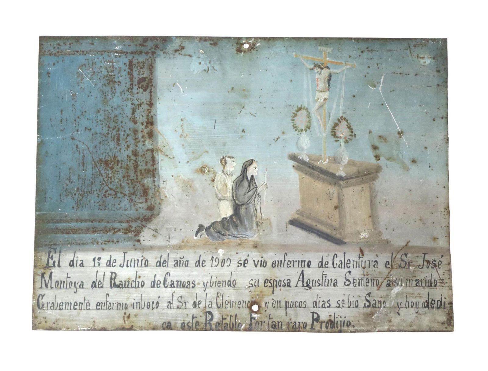 OIL ON TIN EX-VOTO RETABLO, CRUCIFIXION, MEXICO (1 of 2)