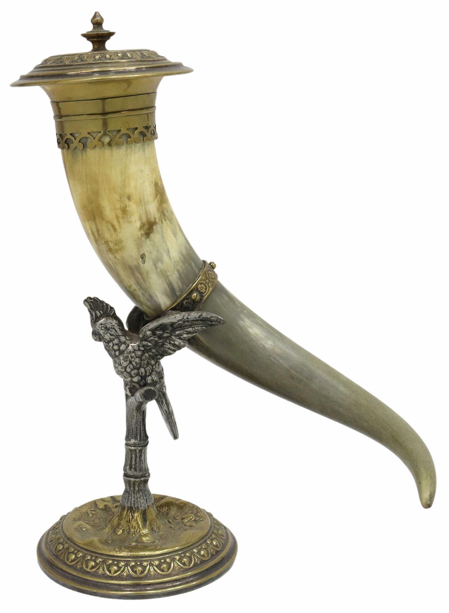 CONTINENTAL SILVER-MOUNTED HORN DRINKING CUP (1 of 6)