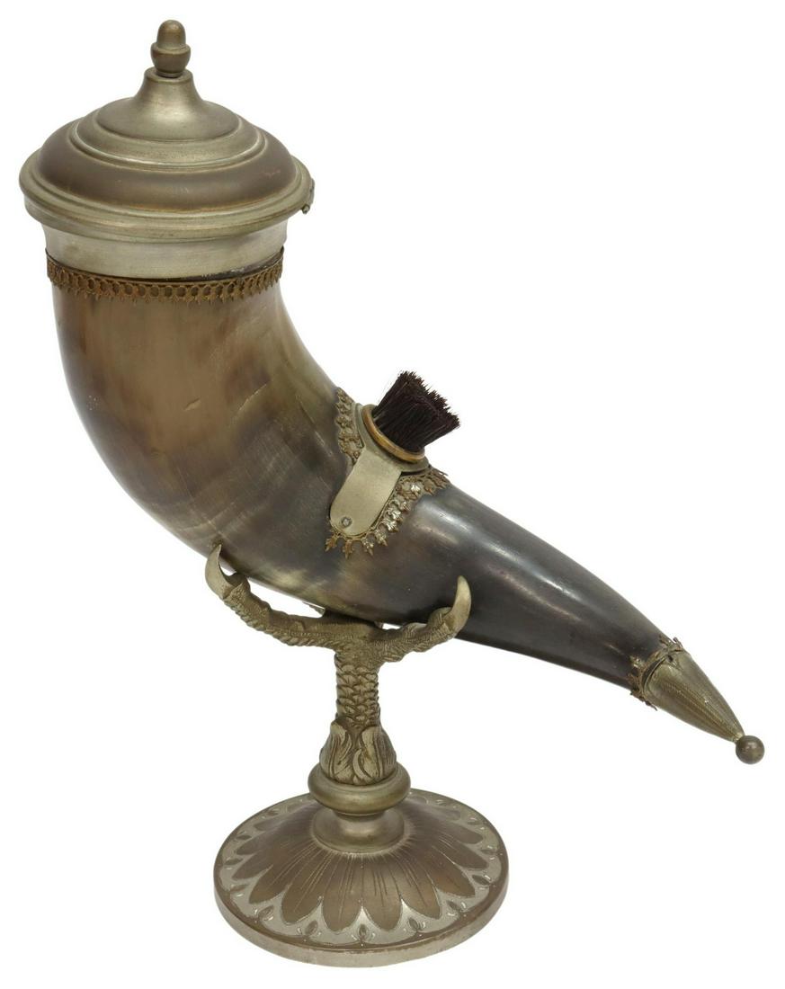 METAL-MOUNTED HORN DESK INKWELL (1 of 4)