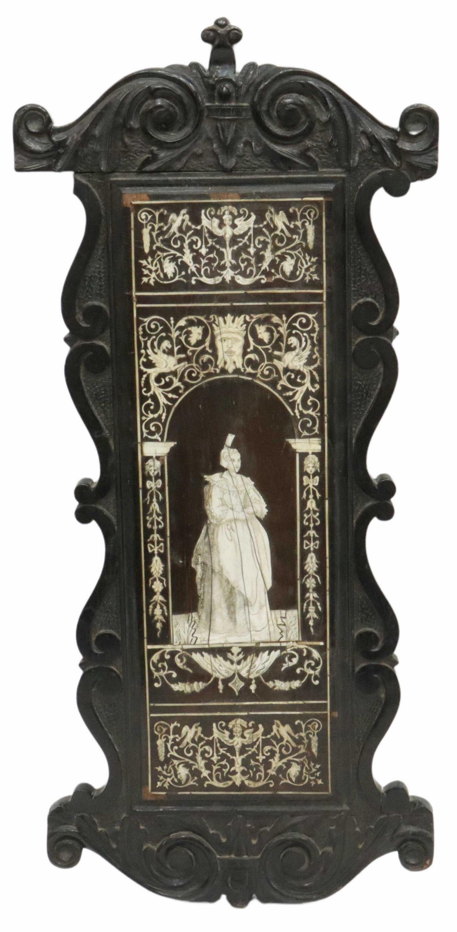 RENAISSANCE REVIVAL INLAID EBONIZED WALL PLAQUE: Architectural ebonized wood wall plaque, likely Milanese, 19th c., contrasting inlay of foliate scrolls, grotesques, masks, birds, central arcade with female figure in Renaissance style dress, approx 