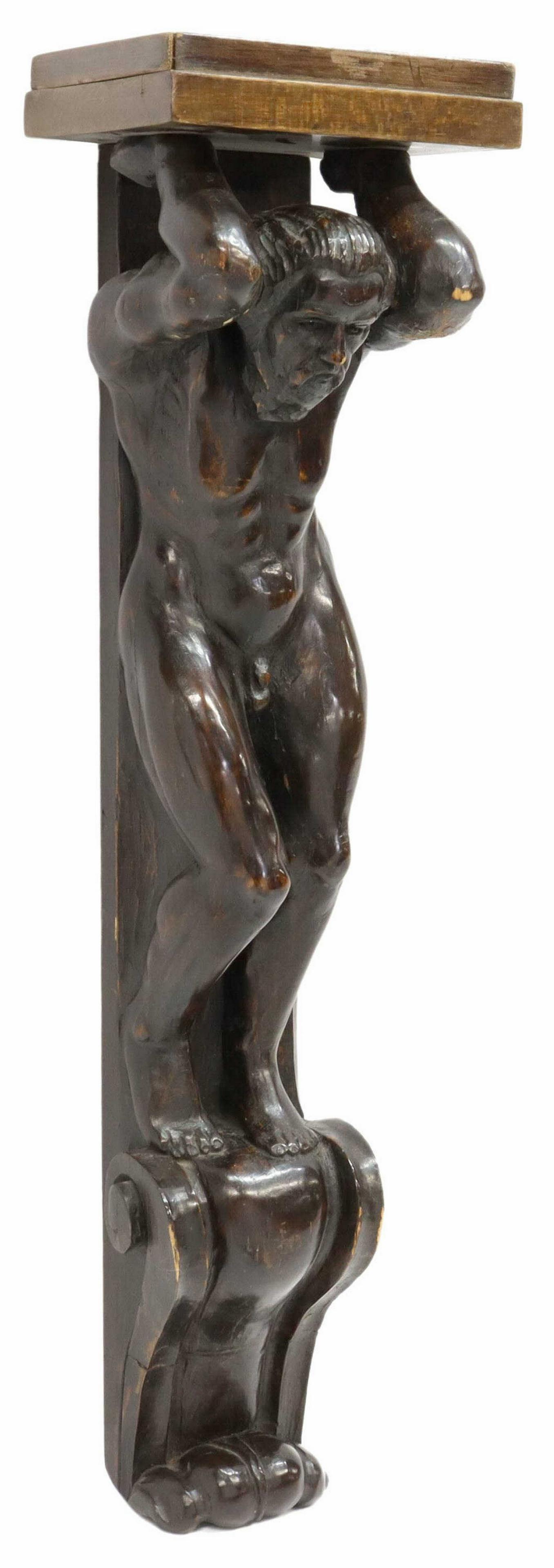 ITALIAN NEOCLASSICAL CARVED ATLAS WALL BRACKET: Italian Neoclassical carved wood wall bracket, 19th c., supported by an atlas/ atlante, approx 26.5"l, 7"w, 5.5"d, 6lbs Start Price: $100.00