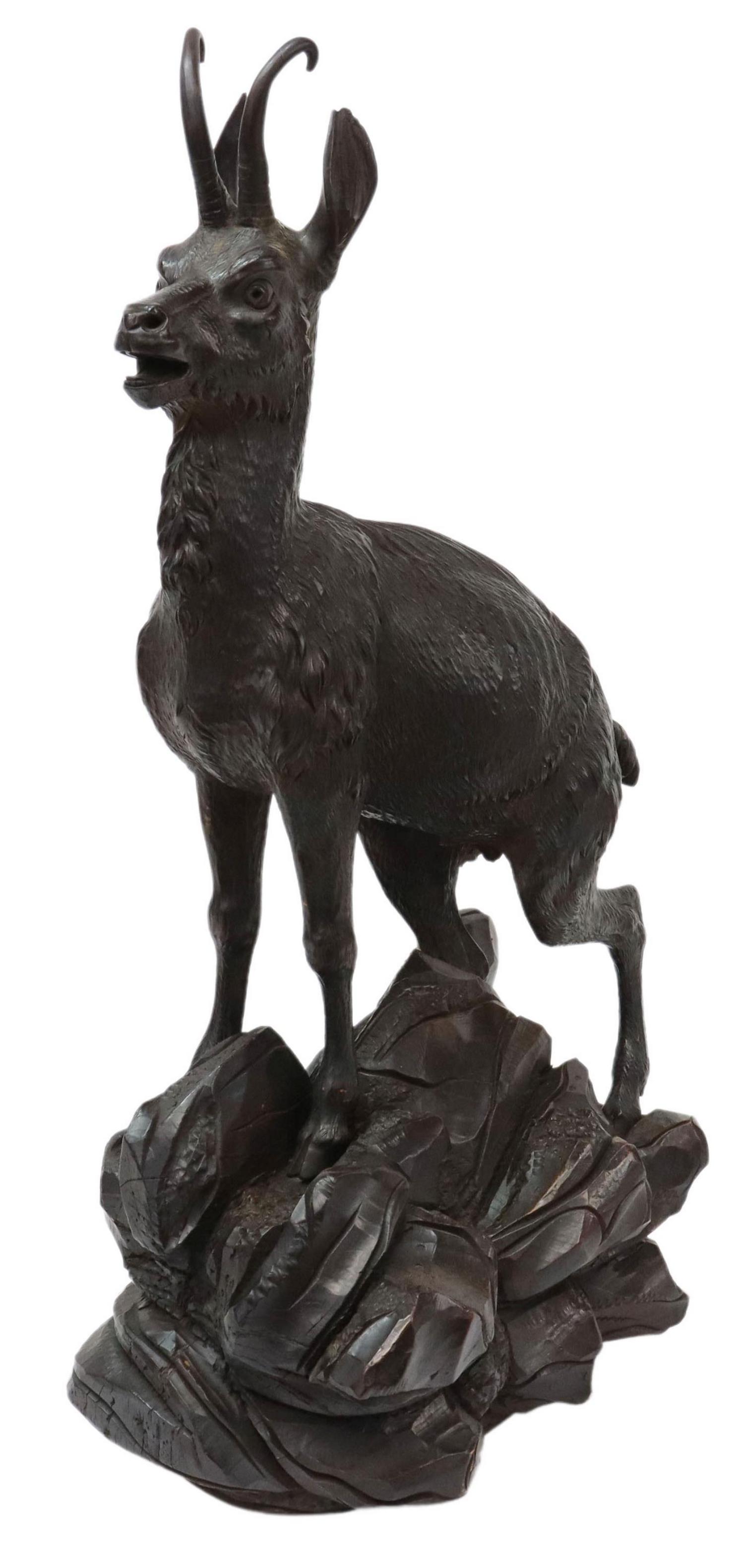 LARGE BLACK FOREST CARVED CHAMOIS ON LEDGE, 29"H (1 of 10)