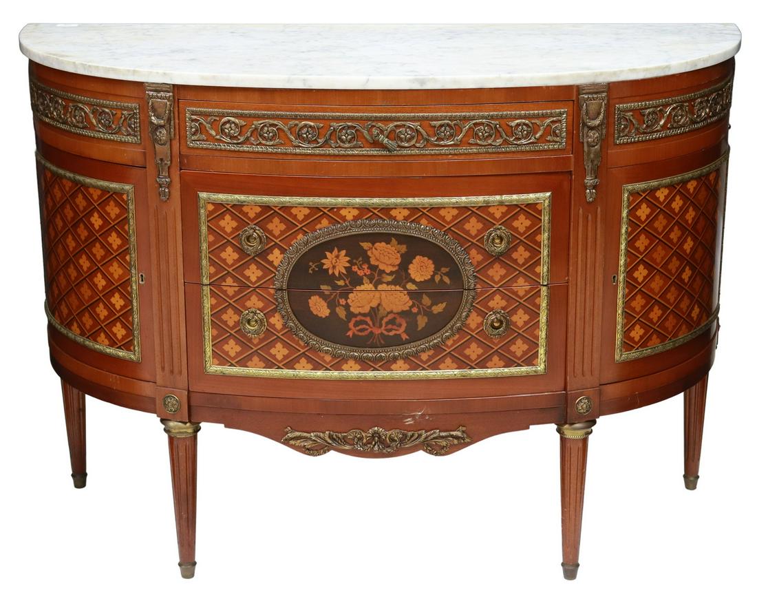 FRENCH LOUIS XVI STYLE MARQUETRY DEMILUNE COMMODE (1 of 6)