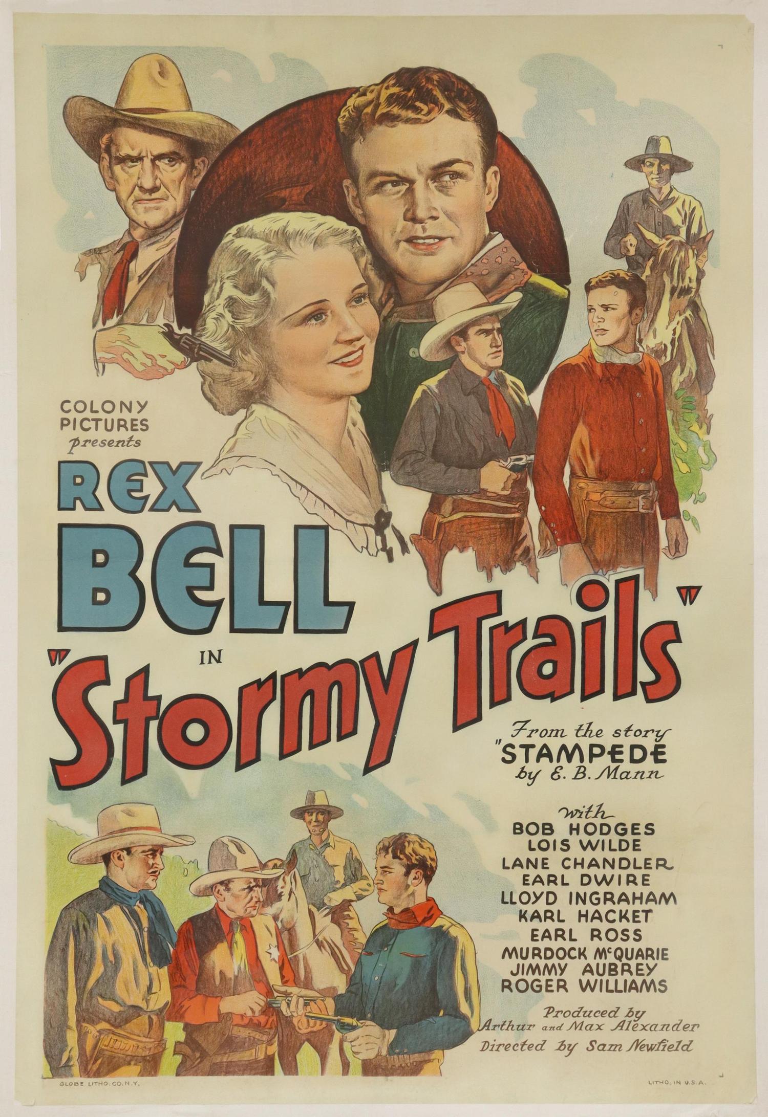 1936 MOVIE POSTER, 'STORMY TRAILS,' REX BELL: "Stormy Trails" movie poster, 1936, starring Rex Bell for Colony Pictures, Globe Litho, NY, paper loss at margin in three corners, laid on linen, poster: approx 41"h, 28"w, overall: approx 42.25"h, 29