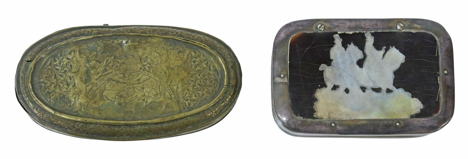 2) SNUFF BOXES, DUTCH EMBOSSED BRASS & SHELL INLAY (1 of 6)