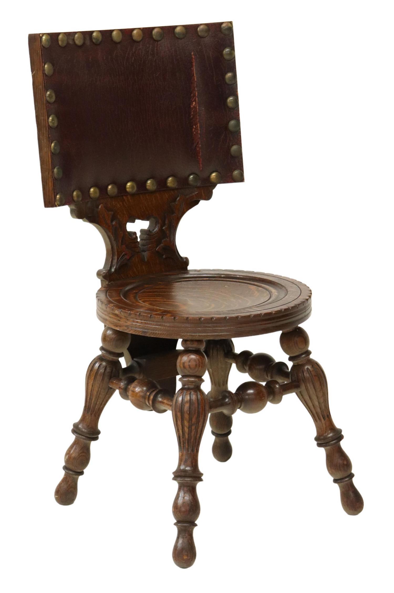 AMERICAN QUARTER SAWN OAK & LEATHER PIANO CHAIR (1 of 3)