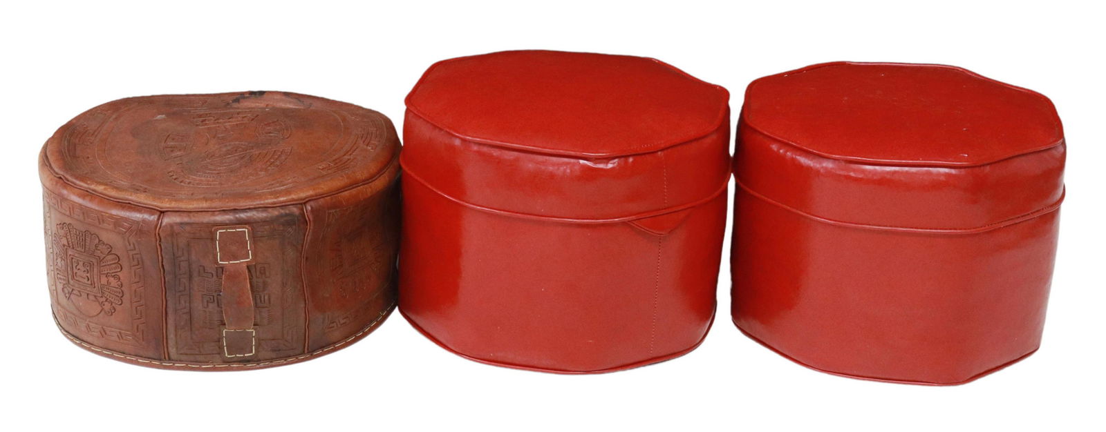 (3) RED VINYL & PERUVIAN LEATHER OTTOMANS (1 of 3)