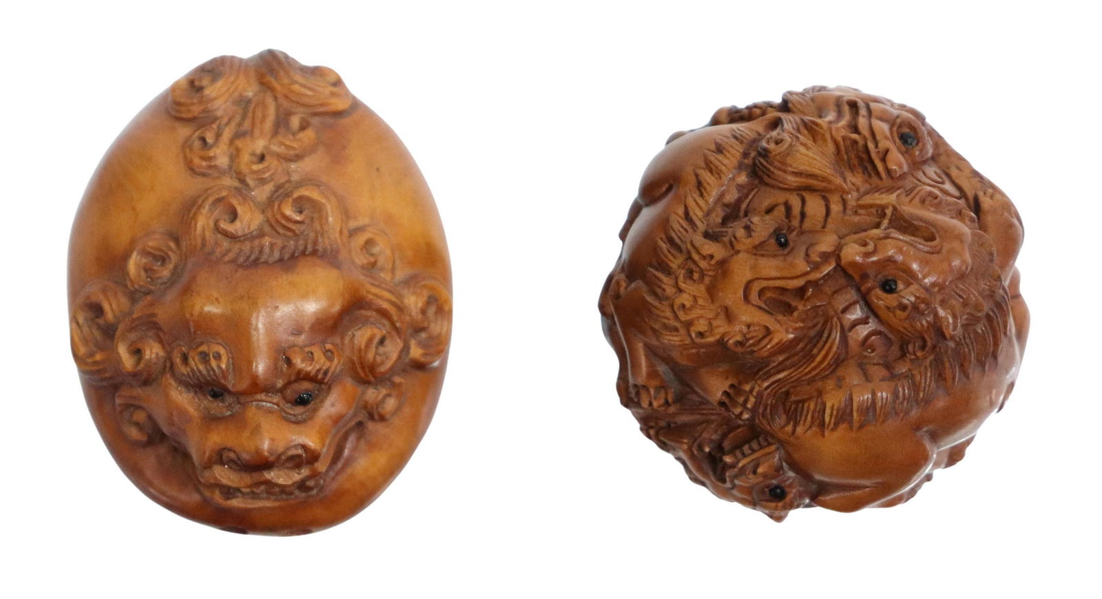 (2) JAPANESE CARVED WOOD SHISHI NETSUKE & OKIMONO (1 of 6)