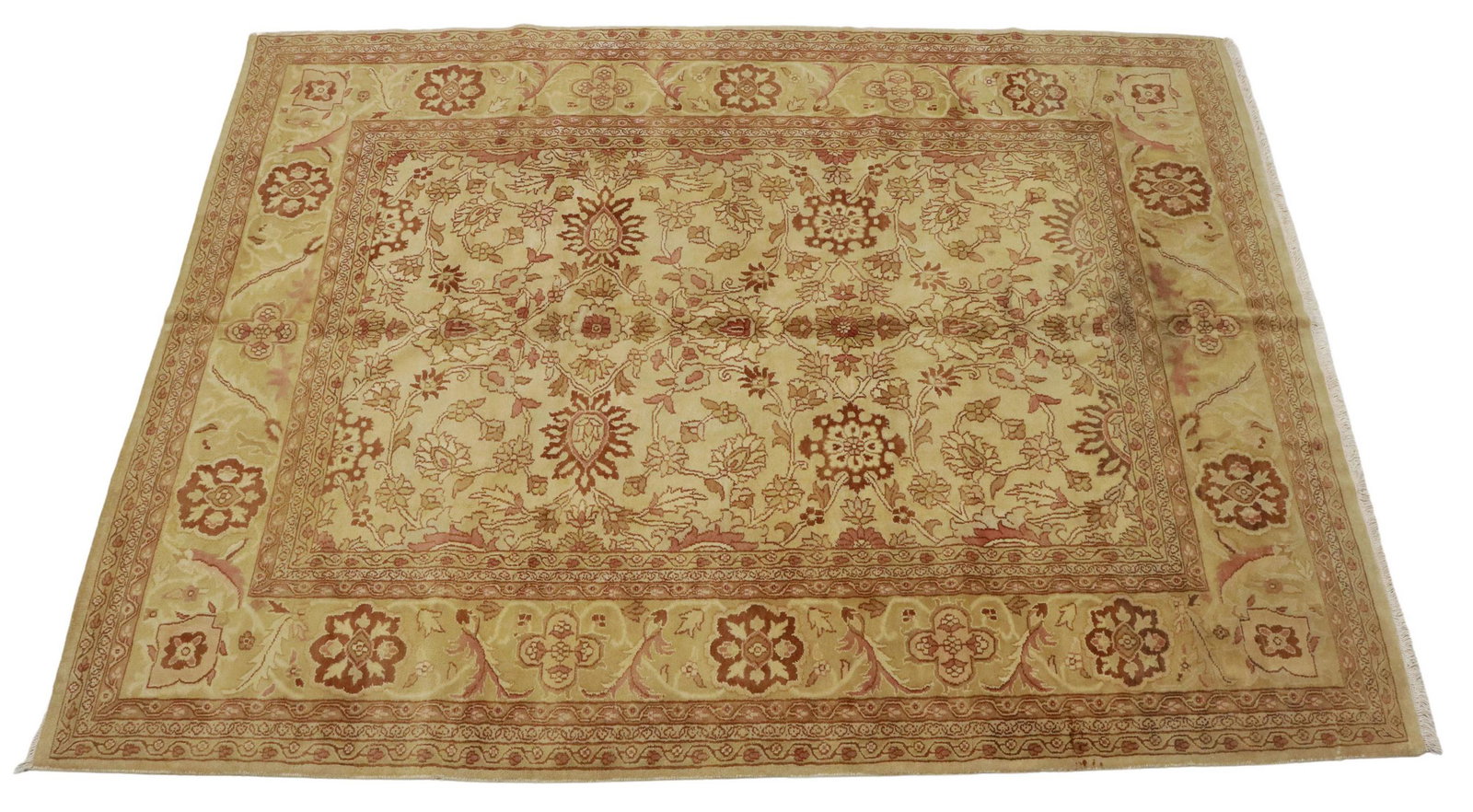 HAND-TIED AGRA FLORAL RUG, INDIA, 11'8" X 8'11": Hand-tied Agra floral rug, India, some repairs around edge, approx 11'8"l, 8'11"w Start Price: $300.00