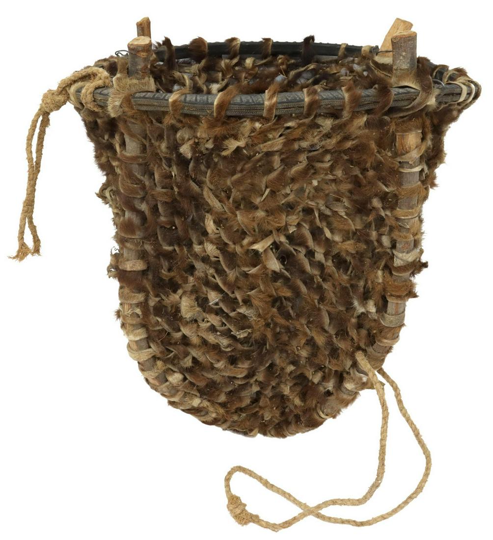 LARGE WOVEN BURDEN BASKET, TARAHUMARA, MEXICO: Woven burden basket, possibly Tarahumara, Mexico, wood and hide frame, approx 20"h, 14.75" diam, 4.25lbs Start Price: $50.00