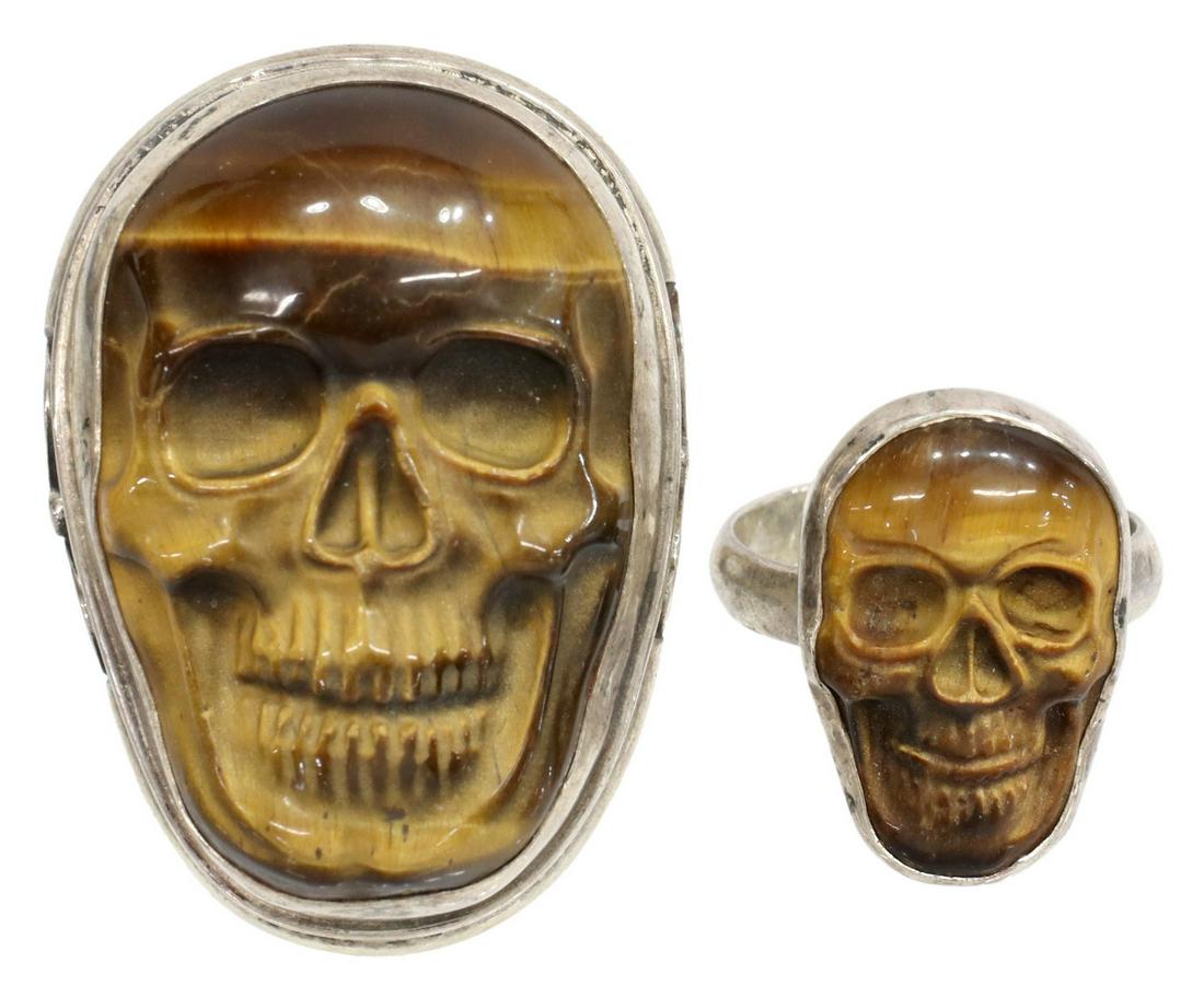 (2) STERLING & TIGERS EYE SKULL ADJUSTABLE RINGS (1 of 4)