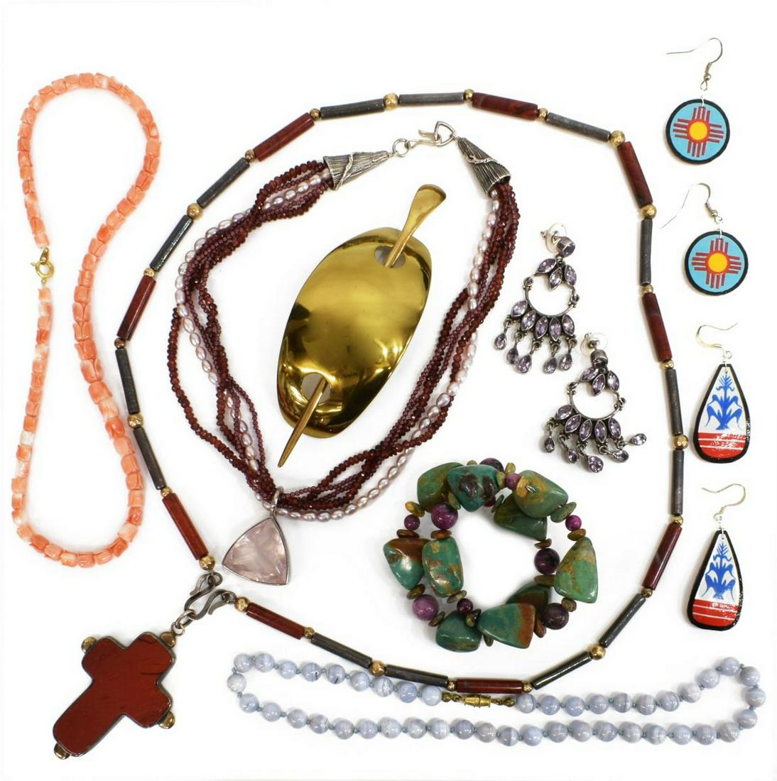 (LOT) VINTAGE SOUTHWEST & COSTUME JEWELRY: (lot) Collection of jewelry, highlights include: (1) wire cuff bracelet, Joseph and Florence Bailon (Santo Domingo Pueblo), with turquoise and sugilite beads, (2 pairs) painted petroglyph earrings, Ra